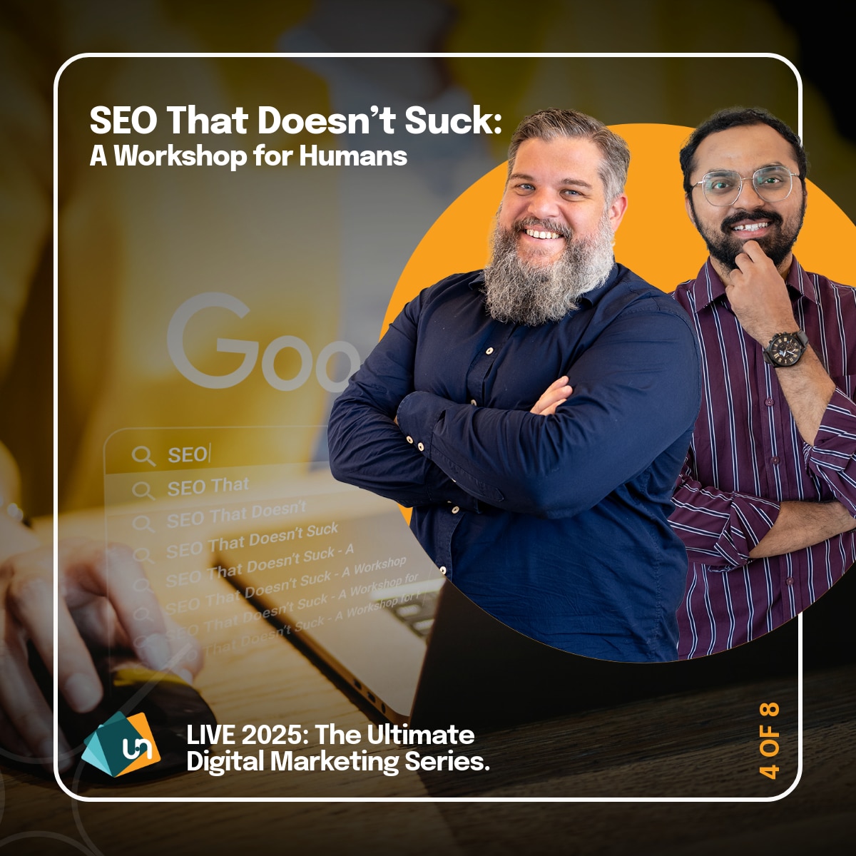 SEO Masterclass promo image featuring facilitators, Quentin Weber & Nisarg Ranpura